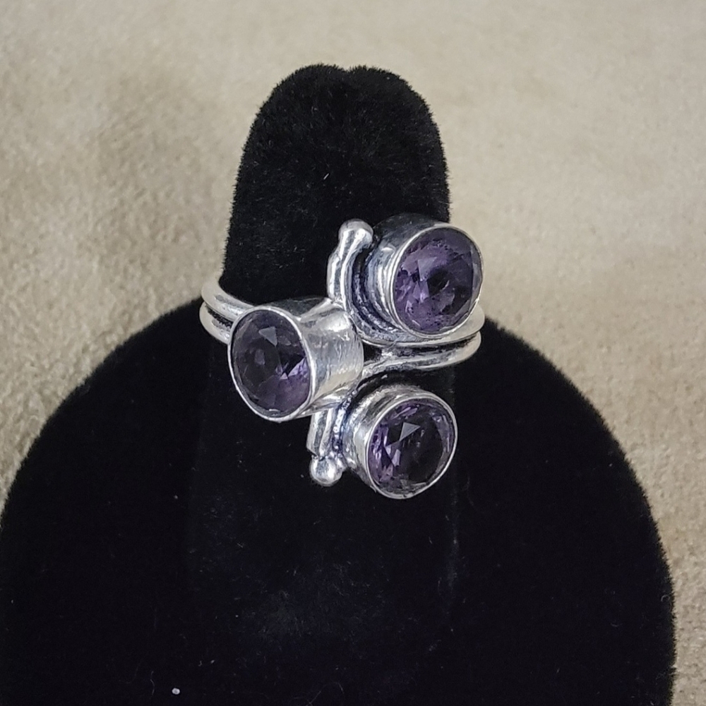 925 Sterling Silver Handmade 3 Stone Amethyst Ring Size 7